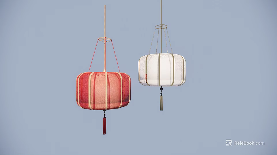 Traditional Red And White Fabric Pendant Lamps With Tassels On Blue Background 3d model 