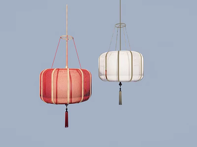 Traditional Red And White Fabric Pendant Lamps With Tassels On Blue Background 3d model