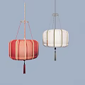Traditional Red And White Fabric Pendant Lamps With Tassels On Blue Background