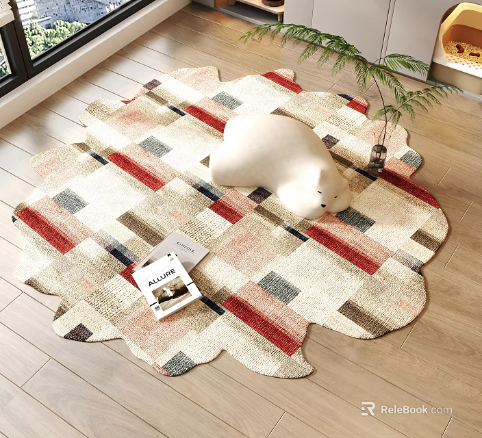 Unique Shaped Patchwork Rug With Beige Red Gray Stripes And Plush Toy On Wooden Floor 3d model 