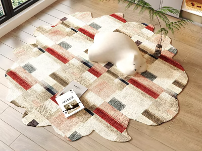 Unique Shaped Patchwork Rug With Beige Red Gray Stripes And Plush Toy On Wooden Floor 3d model