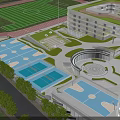 Modern Campus Sports And Recreation Area With Green Football Field Swimming Pools Circular Plaza And Landscaped Gardens