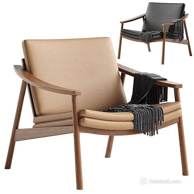 Beige Upholstered Armchair With Wooden Frame And Blanket 3d model 