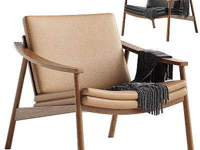 Beige Upholstered Armchair With Wooden Frame And Blanket 3d model
