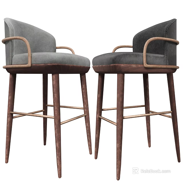 Pair of Modern Grey Upholstered Bar Stools With Wooden Armrests And Legs 3d model 