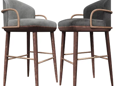 Pair of Modern Grey Upholstered Bar Stools With Wooden Armrests And Legs 3d model