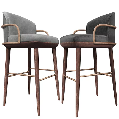Pair of Modern Grey Upholstered Bar Stools With Wooden Armrests And Legs 3d model