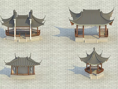 Ancient Chinese Pavilion with Curved Eaves Tile Roof and Wooden Structure Displayed in Multiple Angles 3d model