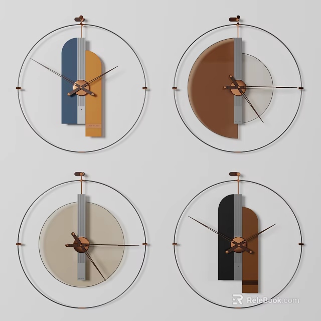 Modern Minimalist Wall Clocks With Circular Frames Geometric Elements And Blue Brown Beige Black Colors 3d model 