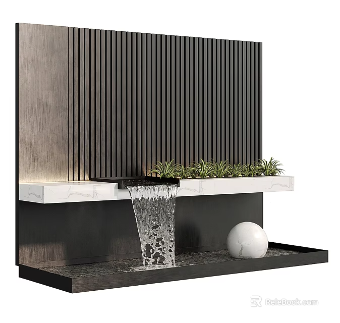 Wooden Slat Wall Garden Waterfall Feature With Marble Shelf Green Plants And Decorative Sphere 3d model 