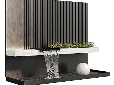 Wooden Slat Wall Garden Waterfall Feature With Marble Shelf Green Plants And Decorative Sphere 3d model