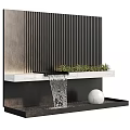 Wooden Slat Wall Garden Waterfall Feature With Marble Shelf Green Plants And Decorative Sphere