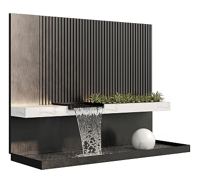 Wooden Slat Wall Garden Waterfall Feature With Marble Shelf Green Plants And Decorative Sphere 3d model