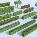 Various Pruned Garden Hedges in Different Shapes and Sizes with Small Trees