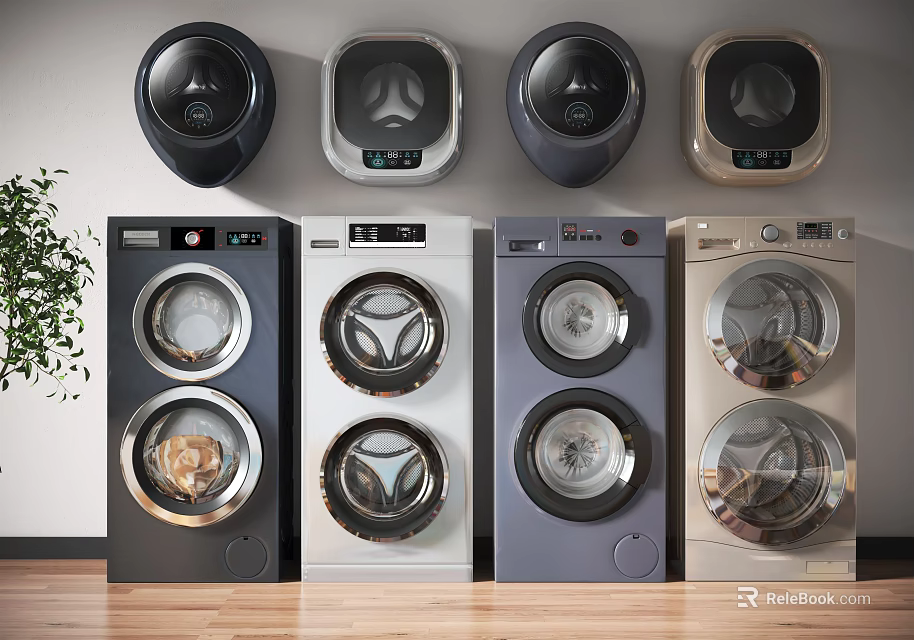 Modern Wall Mounted And Front Loading Washing Machines With Various Colors And Styles 3d model 
