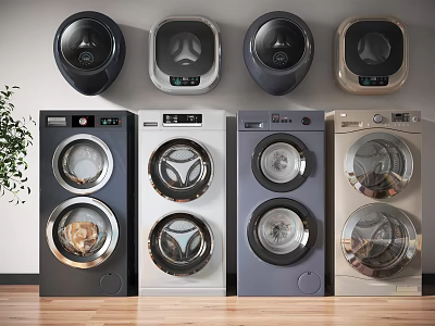 Modern Wall Mounted And Front Loading Washing Machines With Various Colors And Styles 3d model