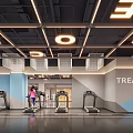 Modern Gym Interior With Treadmill Fitness Equipment Woman Exercising And Ceiling Lights