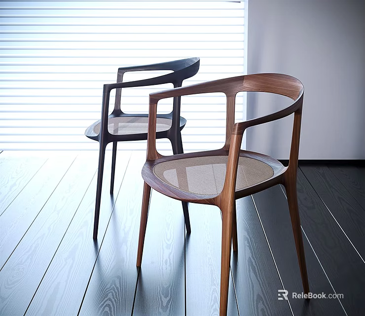 Modern Leisure Chairs With Wooden Frame Mesh Seat And Curved Backrest In Bright Interior 3d model 