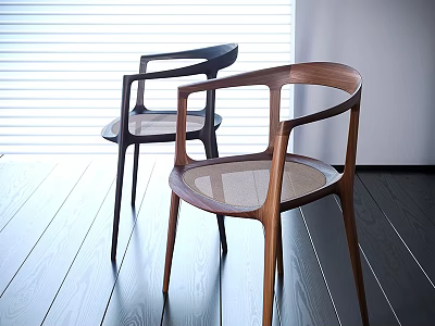 Modern Leisure Chairs With Wooden Frame Mesh Seat And Curved Backrest In Bright Interior 3d model