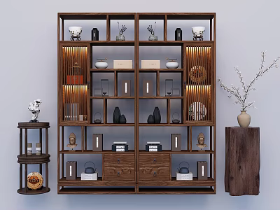 Traditional Chinese Wooden Bogu Shelf with Multiple Compartments Displaying Porcelain Sculptures and Decorative Ornaments 3d model