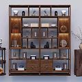 Traditional Chinese Wooden Bogu Shelf with Multiple Compartments Displaying Porcelain Sculptures and Decorative Ornaments