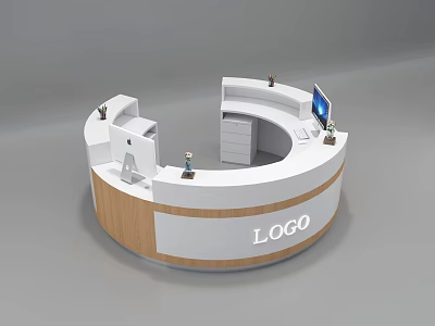 Modern Curved Reception Desk With White And Wooden Finish Featuring Logo Computer And Decorative Items 3d model