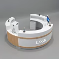 Modern Curved Reception Desk With White And Wooden Finish Featuring Logo Computer And Decorative Items