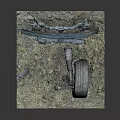Car Tire With Blue Mechanical Components On Grass Base And Small Parts