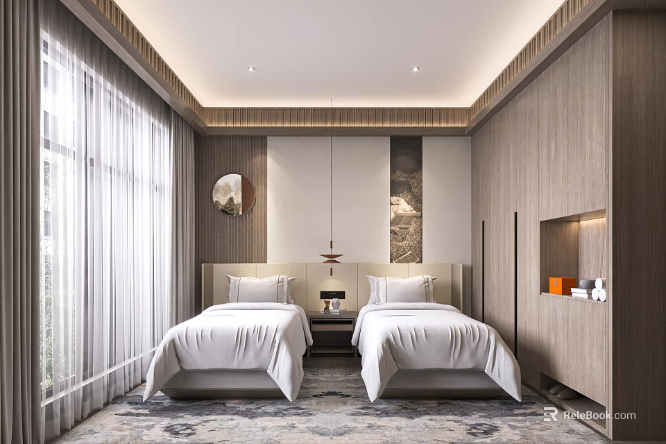 Modern Hotel Guest Room With Twin Beds White Sheets Wooden Walls Large Windows And Curtains 3d model 