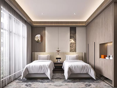 Modern Hotel Guest Room With Twin Beds White Sheets Wooden Walls Large Windows And Curtains 3d model