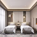 Modern Hotel Guest Room With Twin Beds White Sheets Wooden Walls Large Windows And Curtains