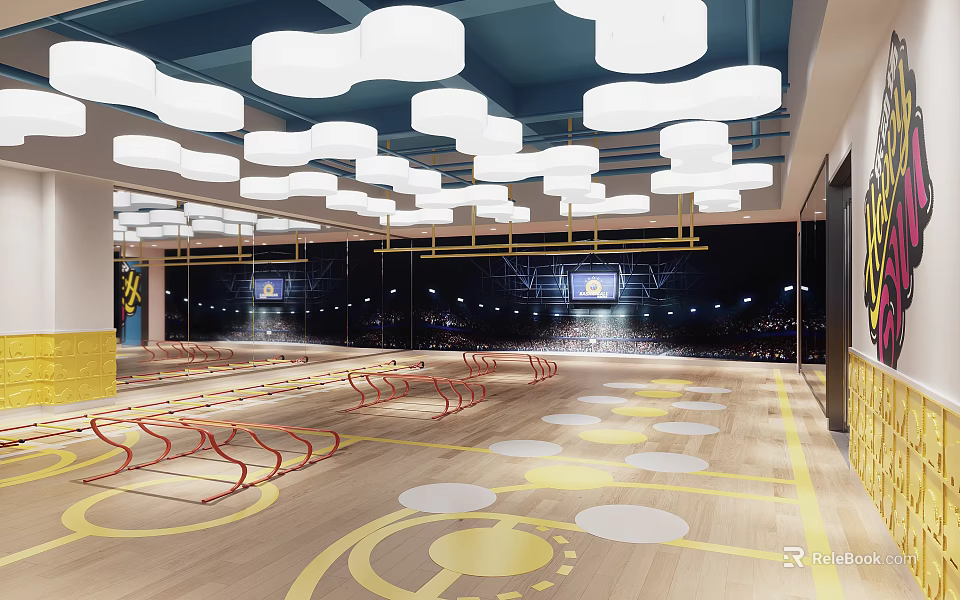 Modern Sports Fitness Training Facility With Colored Floor Markings And Hanging Lights 3d model 