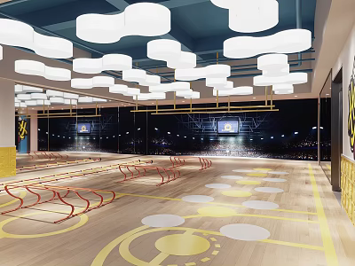 Modern Sports Fitness Training Facility With Colored Floor Markings And Hanging Lights 3d model