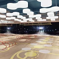 Modern Sports Fitness Training Facility With Colored Floor Markings And Hanging Lights