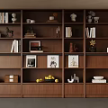 Wooden Display Cabinet With Multiple Shelves Books Decorative Items And Fruits