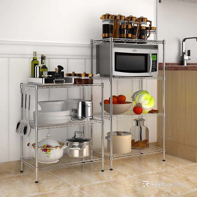 Kitchen Wire Shelving Unit With Microwave Dishes Fruits And Storage Jars 3d model 