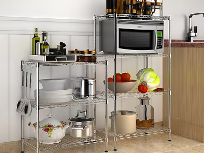 Kitchen Wire Shelving Unit With Microwave Dishes Fruits And Storage Jars 3d model