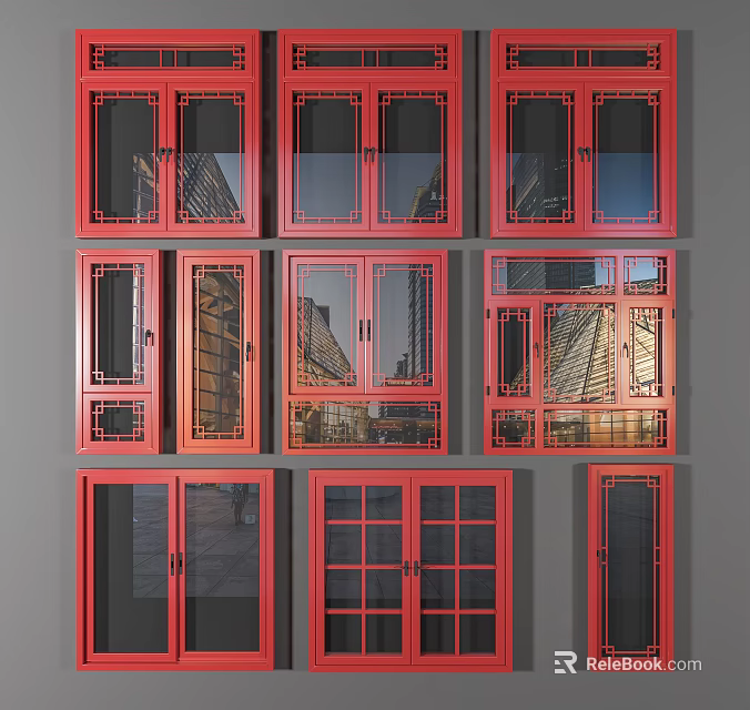 Multiple Red Framed Windows With Different Designs Arranged For Architectural 3d model