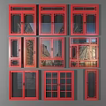 Multiple Red Framed Windows With Different Designs Arranged For Architectural 3d model