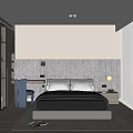 Modern Bedroom Interior With Large Bed Textured Headboard Wall Bedside Lamp Desk Chair And Rug