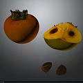 Fresh Whole Persimmon and Halved Persimmon with Seeds Showing Juicy Flesh