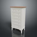 White Chest of Drawers with Brown Wooden Top and Multiple Storage Drawers