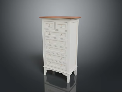 White Chest of Drawers with Brown Wooden Top and Multiple Storage Drawers 3d model