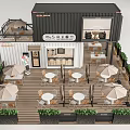 Modern Container Cafe With Outdoor Seating Tables Chairs Umbrellas And Green Plants