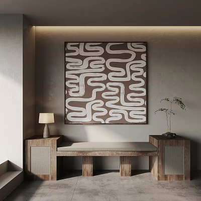 Public Indoor Bench With Decorative Painting Wooden Cabinets Table Lamp And Small Plant 3d model