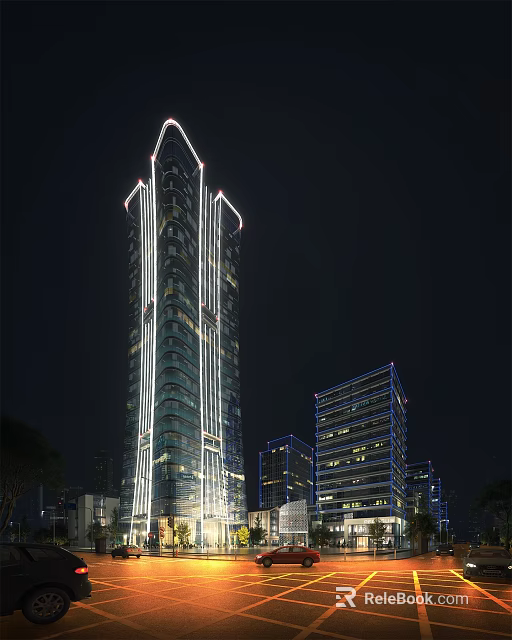 Modern Tall Office Building Night View With Bright Exterior Lighting And Urban Skyline 3d model 