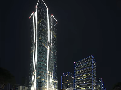 Modern Tall Office Building Night View With Bright Exterior Lighting And Urban Skyline 3d model