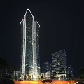 Modern Tall Office Building Night View With Bright Exterior Lighting And Urban Skyline