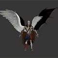 Winged Bald Character With White Black Wings In Brown Blue Outfit On Platform With Reflection