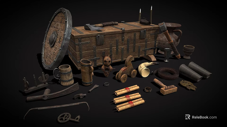 Vintage Wooden Chest Surrounded By Antique Shield Tools Pottery Jug And Scrolls 3d model 